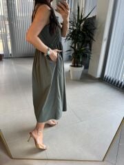 Cr 1618 Dantel Geçişli Haki Askılı Poplin Elbise