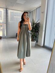 Cr 1618 Dantel Geçişli Haki Askılı Poplin Elbise