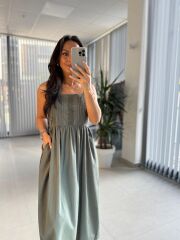 Cr 1618 Dantel Geçişli Haki Askılı Poplin Elbise