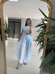 Mz 23098 Bebe Mavi Asimetrik Katlı Transparan Bluz