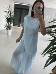 Mz 23098 Bebe Mavi Asimetrik Katlı Transparan Bluz