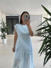 Mz 23098 Bebe Mavi Asimetrik Katlı Transparan Bluz