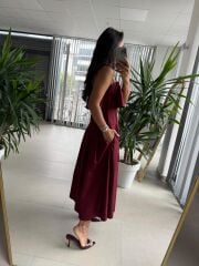 Ms 2093 Pile Detaylı Askılı Bordo Poplin Elbise