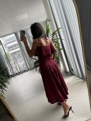 Ms 2093 Pile Detaylı Askılı Bordo Poplin Elbise