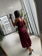 Ms 2093 Pile Detaylı Askılı Bordo Poplin Elbise