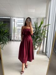 Ms 2093 Pile Detaylı Askılı Bordo Poplin Elbise