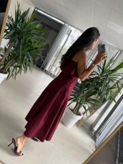 Ms 2093 Pile Detaylı Askılı Bordo Poplin Elbise