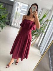 Ms 2093 Pile Detaylı Askılı Bordo Poplin Elbise