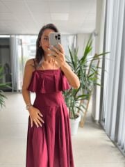 Ms 2093 Pile Detaylı Askılı Bordo Poplin Elbise