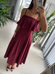 Ms 2093 Pile Detaylı Askılı Bordo Poplin Elbise