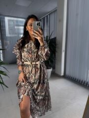 Antrasit Geçişli Uzun Şifon Elbise