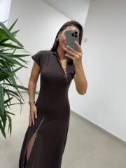 Ms 2042 Fermuar Detaylı A. Kahve  Elbise