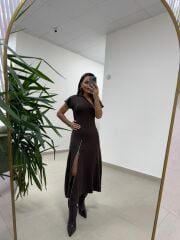 Ms 2042 Fermuar Detaylı A. Kahve  Elbise