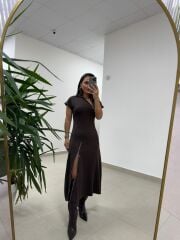 Ms 2042 Fermuar Detaylı A. Kahve  Elbise