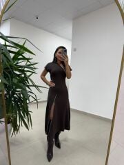 Ms 2042 Fermuar Detaylı A. Kahve  Elbise