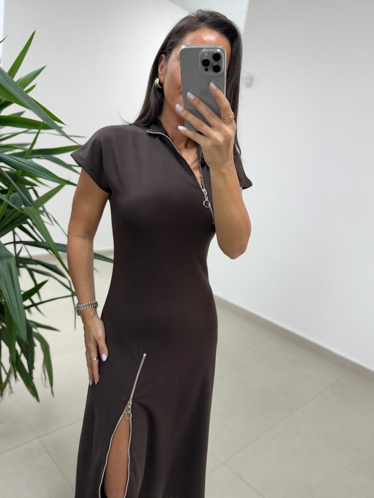 Ms 2042 Fermuar Detaylı A. Kahve  Elbise