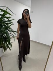 Ms 2042 Fermuar Detaylı A. Kahve  Elbise