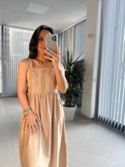 Cr 1618 Dantel Geçişli Vizon Askılı Poplin Elbise