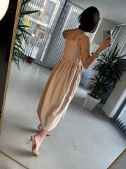 Cr 1618 Dantel Geçişli Vizon Askılı Poplin Elbise