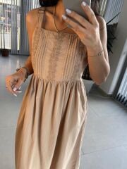 Cr 1618 Dantel Geçişli Vizon Askılı Poplin Elbise