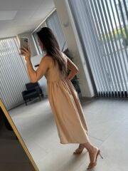 Cr 1618 Dantel Geçişli Vizon Askılı Poplin Elbise