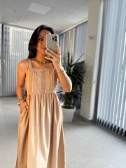 Cr 1618 Dantel Geçişli Vizon Askılı Poplin Elbise