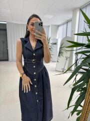 Kd 7827 Denim Kemerli Gömlek Elbise