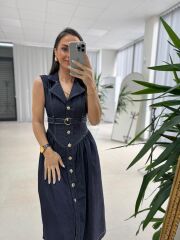 Kd 7827 Denim Kemerli Gömlek Elbise