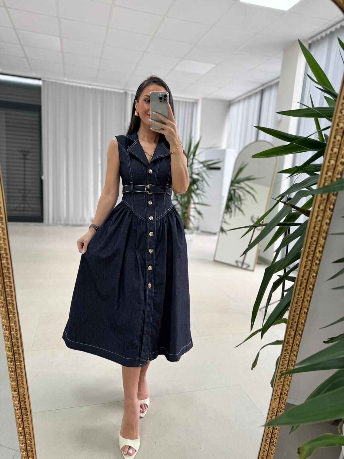 Kd 7827 Denim Kemerli Gömlek Elbise