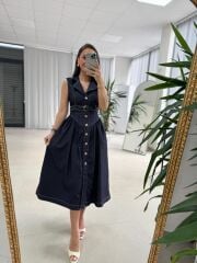 Kd 7827 Denim Kemerli Gömlek Elbise