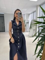 Kd 7827 Denim Kemerli Gömlek Elbise