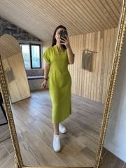 V-neck belted flush linen pistachio dress