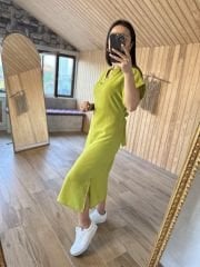 V-neck belted flush linen pistachio dress