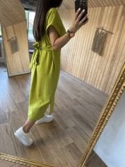 V-neck belted flush linen pistachio dress