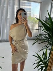 Mc 5869 Off Shoulder Flossy Linen Mink Dress