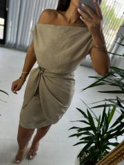 Mc 5869 Off Shoulder Flossy Linen Mink Dress