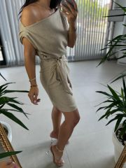 Mc 5869 Off Shoulder Flossy Linen Mink Dress