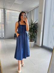 Cr 1618 Dantel Geçişli İndigo Askılı Poplin Elbise