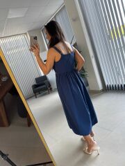 Cr 1618 Dantel Geçişli İndigo Askılı Poplin Elbise