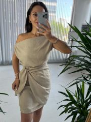 Mc 5869 Off Shoulder Flossy Linen Mink Dress