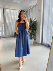 Cr 1618 Dantel Geçişli İndigo Askılı Poplin Elbise