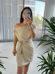 Mc 5869 Off Shoulder Flossy Linen Mink Dress
