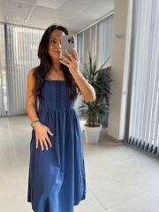 Cr 1618 Dantel Geçişli İndigo Askılı Poplin Elbise