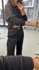 Yakalı Petek Dokulu Siyah Takım