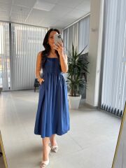 Cr 1618 Dantel Geçişli İndigo Askılı Poplin Elbise