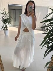 Mz 23098 Beyaz Asimetrik Katlı Transparan Bluz