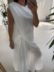 Mz 23098 Beyaz Asimetrik Katlı Transparan Bluz