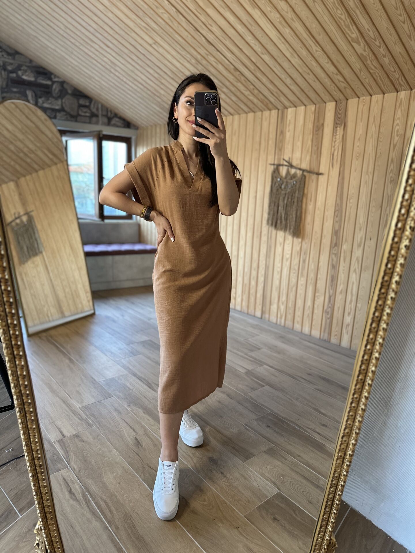 VZ V Yaka Kuşaklı Floş Keten Toprak Elbise