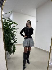 Bb 30368 Mavi Ekose Kemerli Elbise