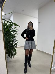 Bb 30368 Mavi Ekose Kemerli Elbise